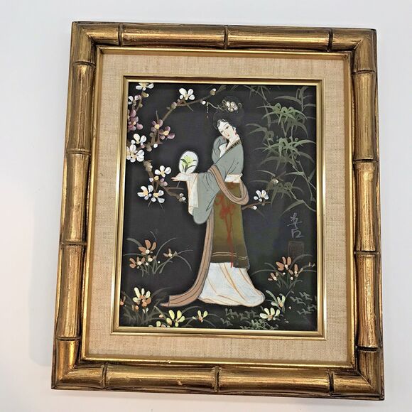 Vtg. Japanese Oriental Maiden Oil On Canvas Signed Painting Gold Framed Matted - Picture 4 of 15